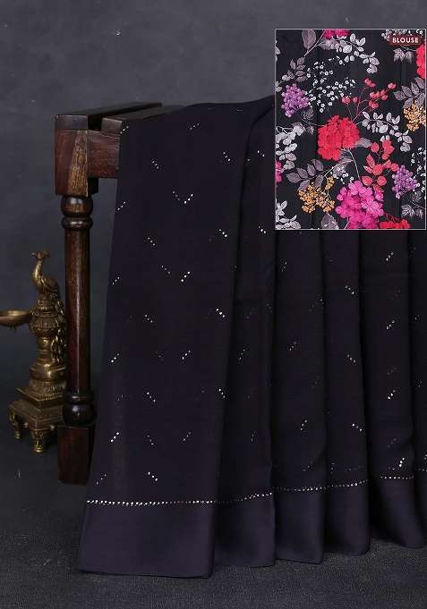 Pure Chiffon Silk Saree Black With Golden Buttas And Floral Printed Blouse For Women