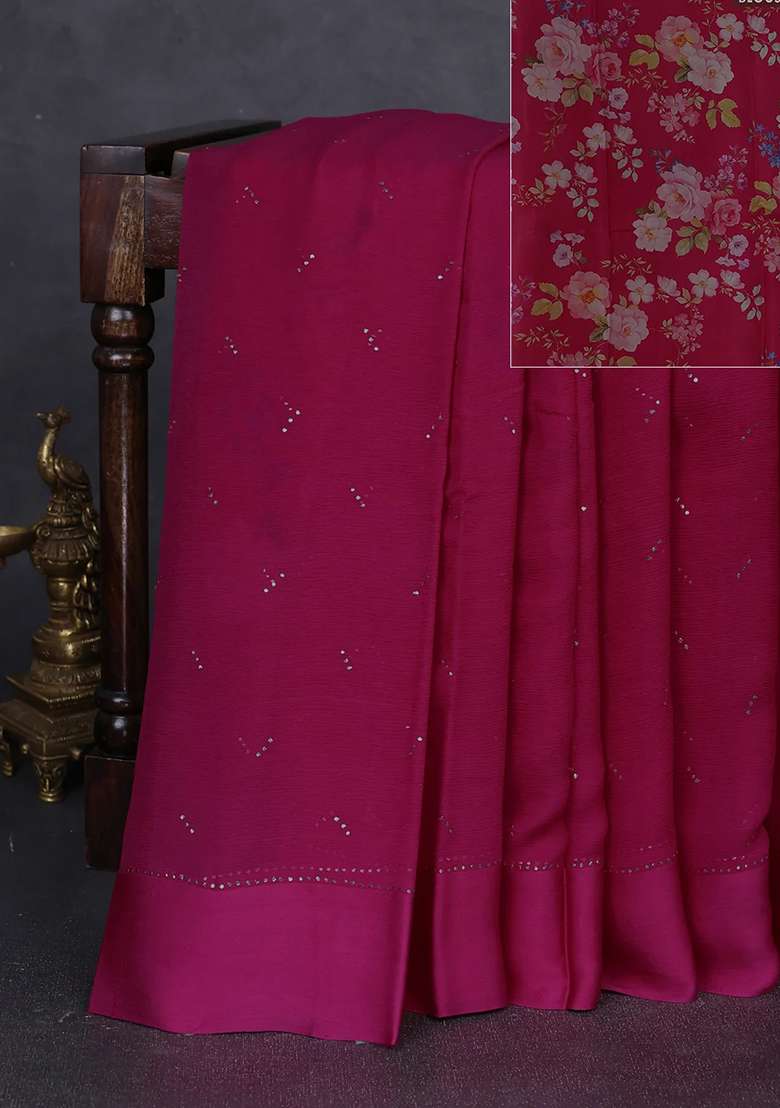 Pure Chiffon Silk Saree Pink With Golden Buttas And Floral Printed Blouse For Women - Indya