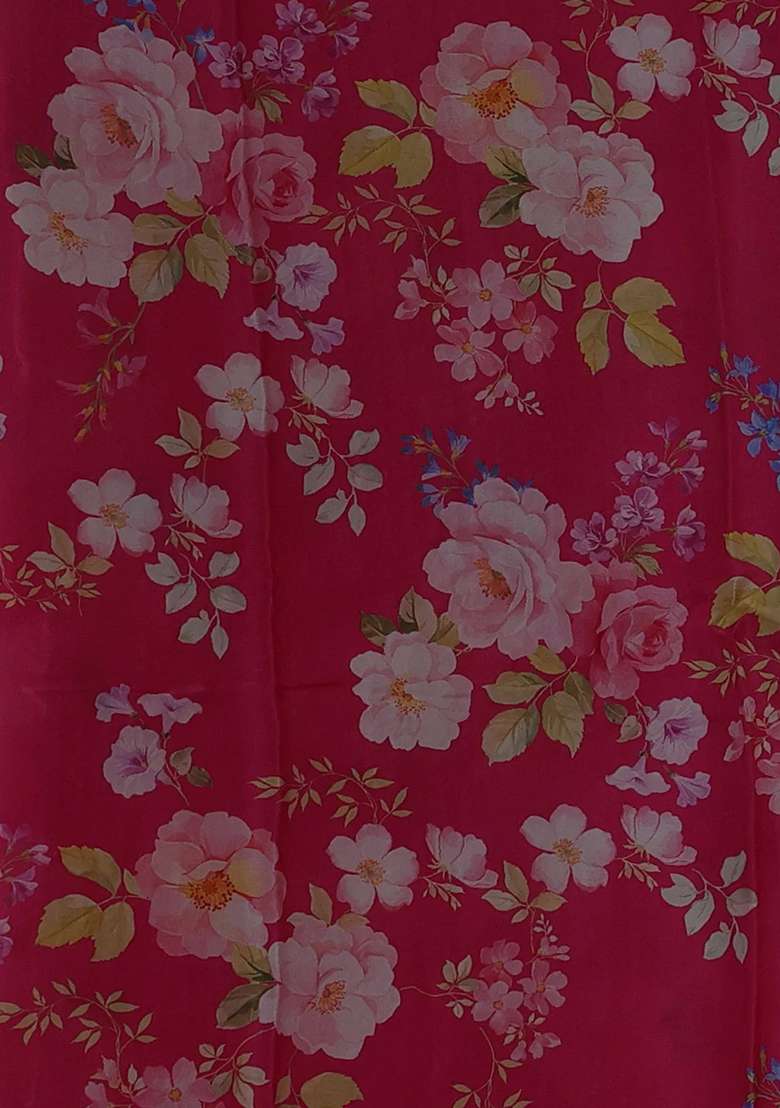 Pure Chiffon Silk Saree Pink With Golden Buttas And Floral Printed Blouse For Women - Indya