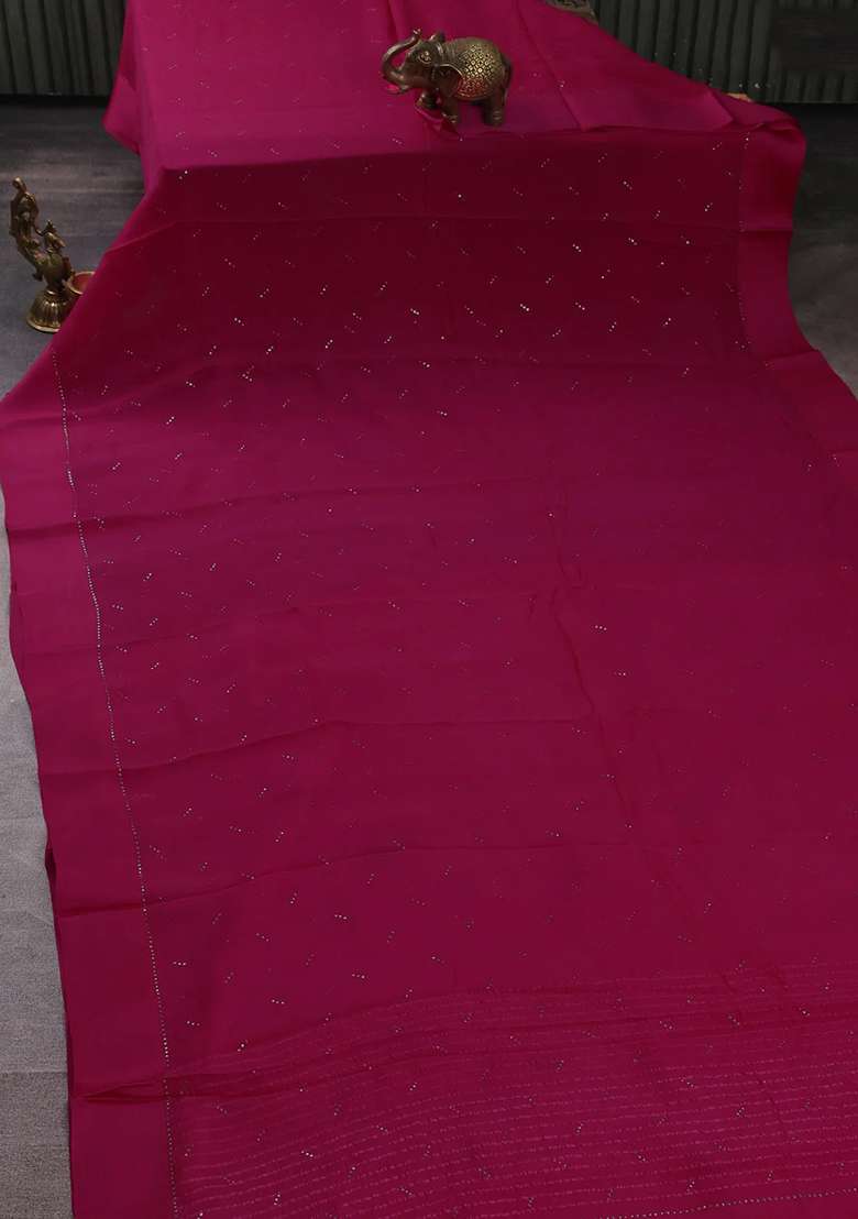 Pure Chiffon Silk Saree Pink With Golden Buttas And Floral Printed Blouse For Women - Indya