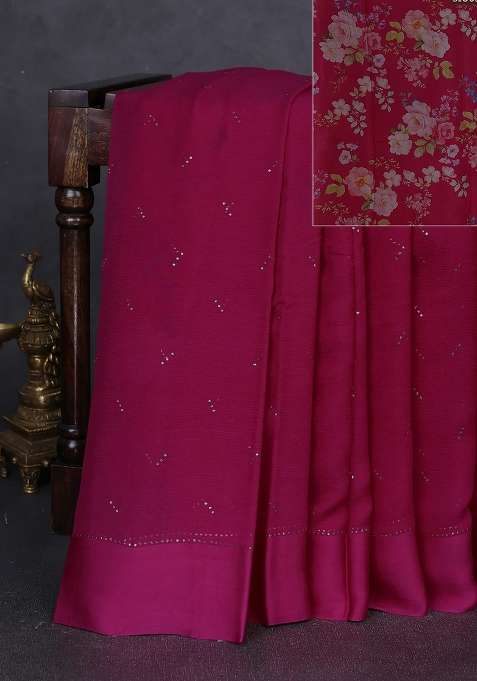 Pure Chiffon Silk Saree Pink With Golden Buttas And Floral Printed Blouse For Women