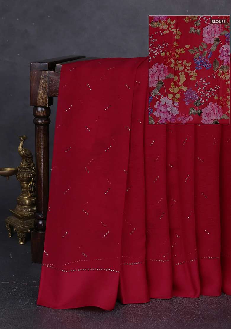 Pure Chiffon Silk Saree Red With Golden Buttas And Floral Printed Blouse For Women - Indya