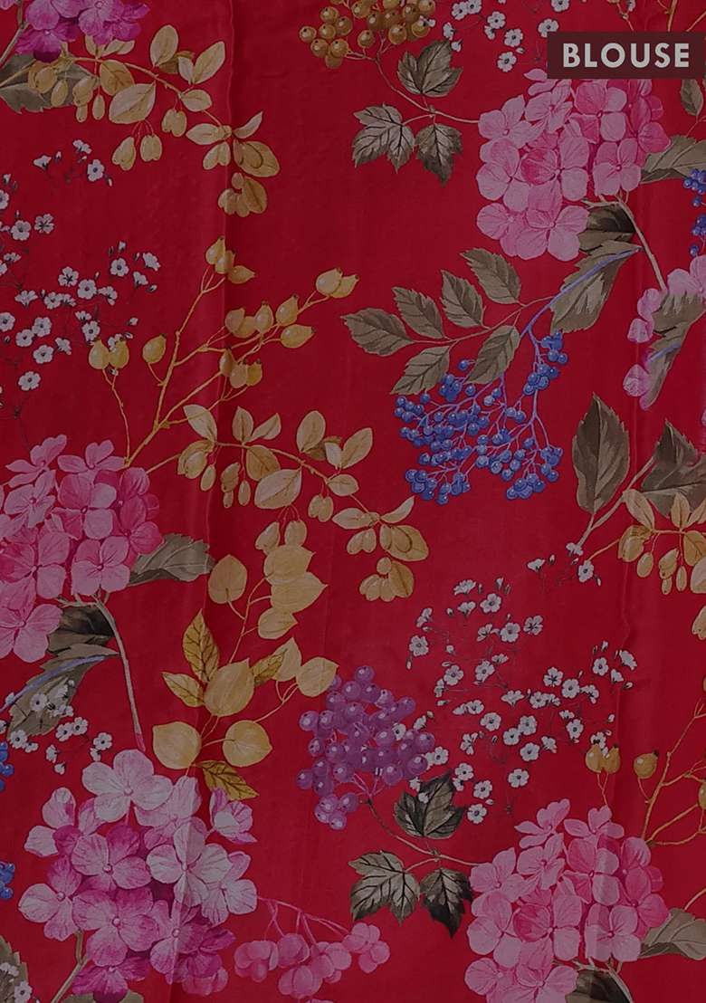 Pure Chiffon Silk Saree Red With Golden Buttas And Floral Printed Blouse For Women - Indya