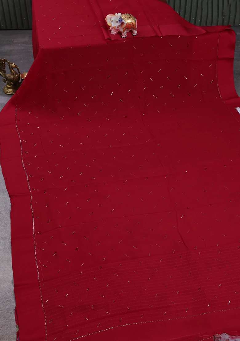 Pure Chiffon Silk Saree Red With Golden Buttas And Floral Printed Blouse For Women - Indya