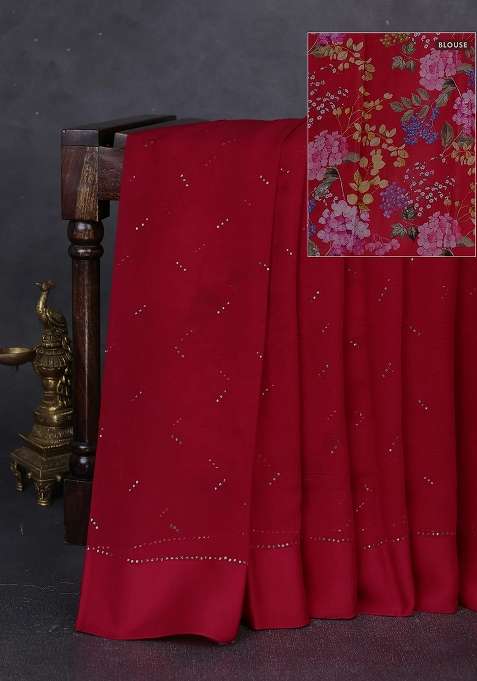 Pure Chiffon Silk Saree Red With Golden Buttas And Floral Printed Blouse For Women