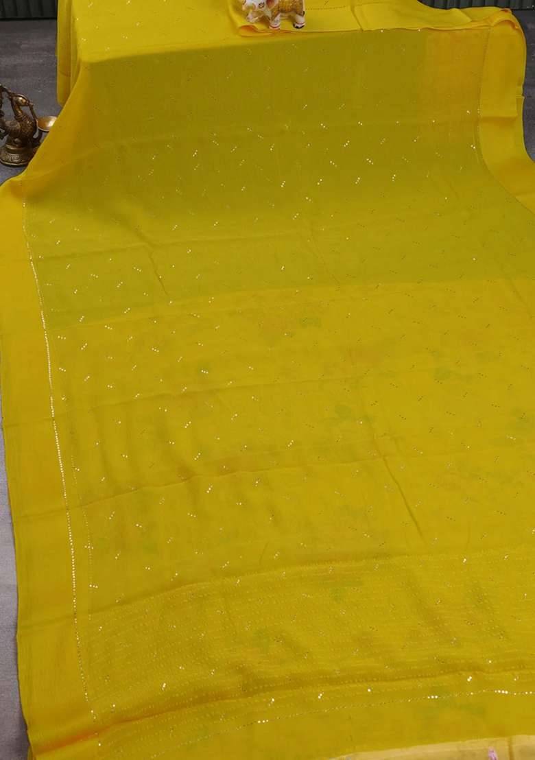 Pure Chiffon Silk Saree Yellow With Golden Buttas And Floral Printed Blouse For Women - Indya