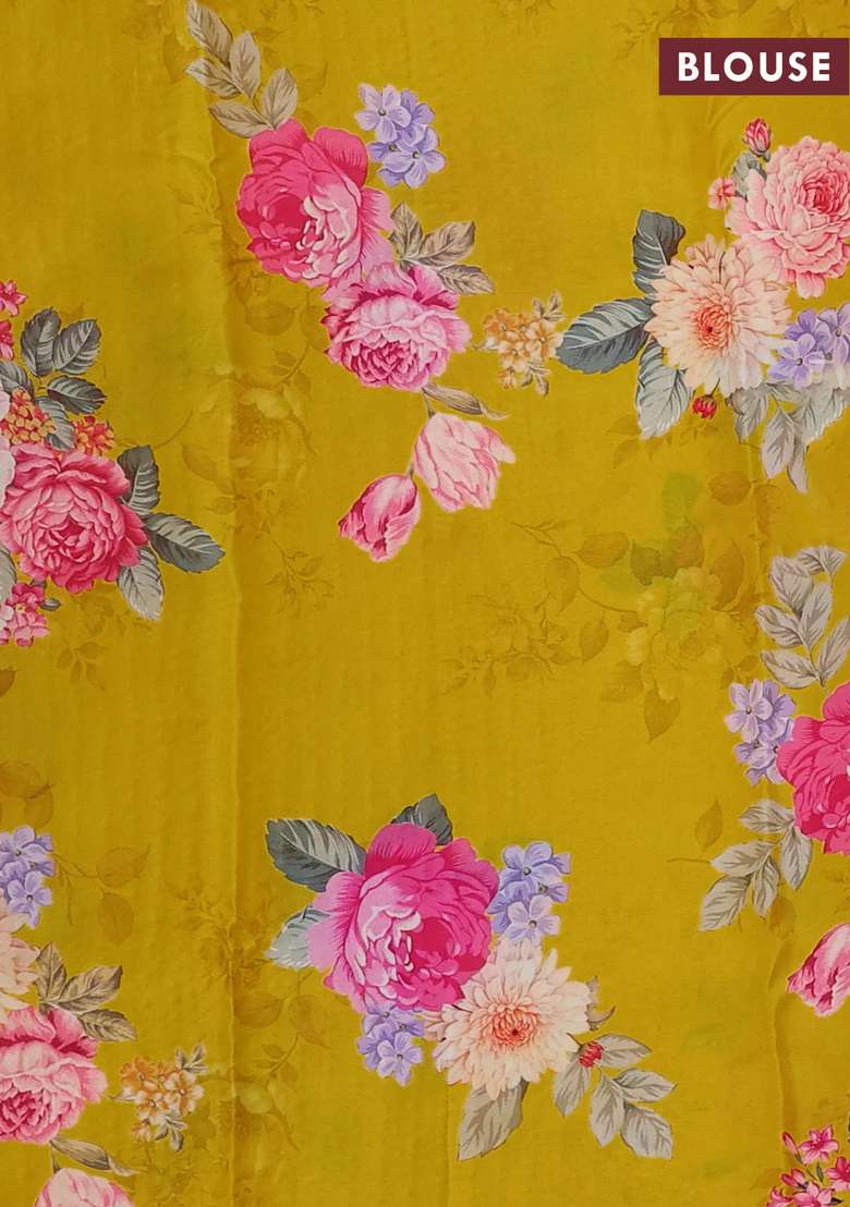 Pure Chiffon Silk Saree Yellow With Golden Buttas And Floral Printed Blouse For Women - Indya
