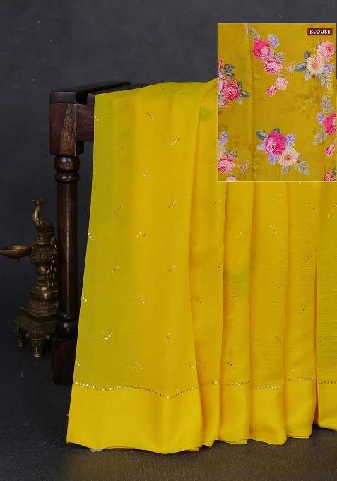 Pure Chiffon Silk Saree Yellow With Golden Buttas And Floral Printed Blouse For Women