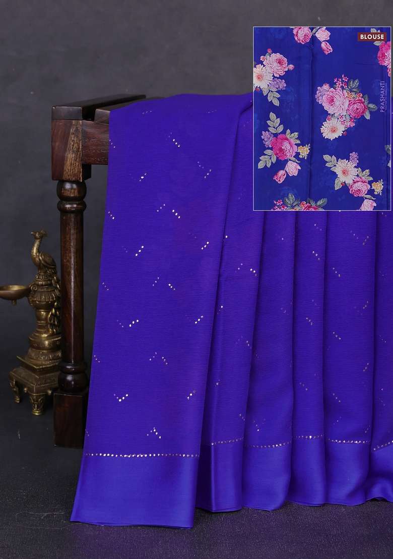 Pure Chiffon Silk Saree Royal Blue With Golden Buttas And Floral Printed Blouse For Women - Indya
