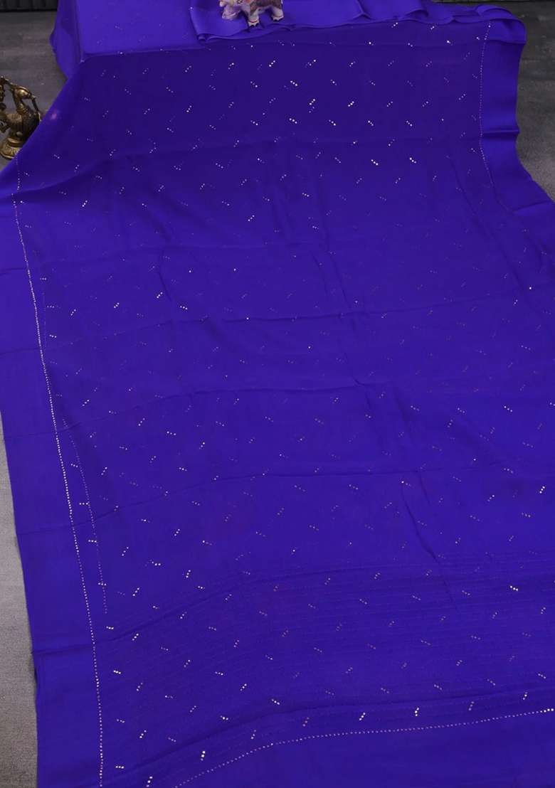Pure Chiffon Silk Saree Royal Blue With Golden Buttas And Floral Printed Blouse For Women - Indya