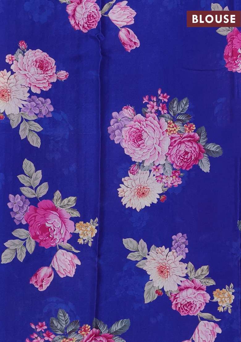 Pure Chiffon Silk Saree Royal Blue With Golden Buttas And Floral Printed Blouse For Women - Indya