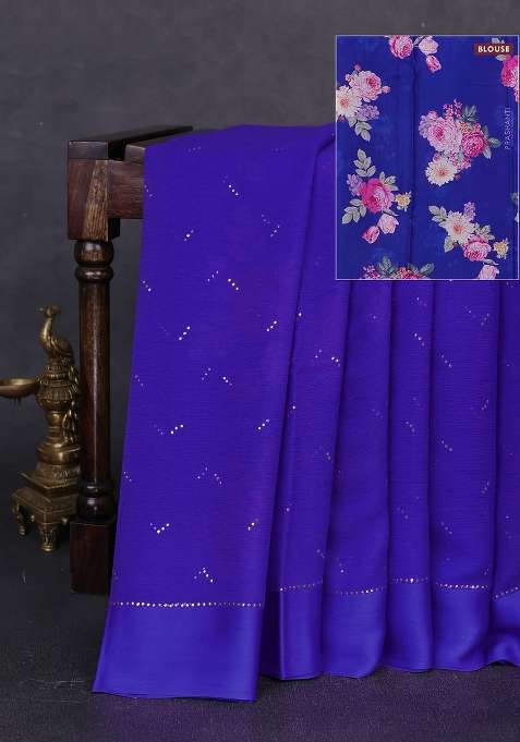 Pure Chiffon Silk Saree Royal Blue With Golden Buttas And Floral Printed Blouse For Women