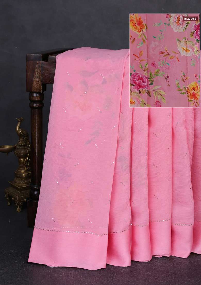 Pure Chiffon Silk Saree Light Pink With Golden Buttas And Floral Printed Blouse For Women - Indya