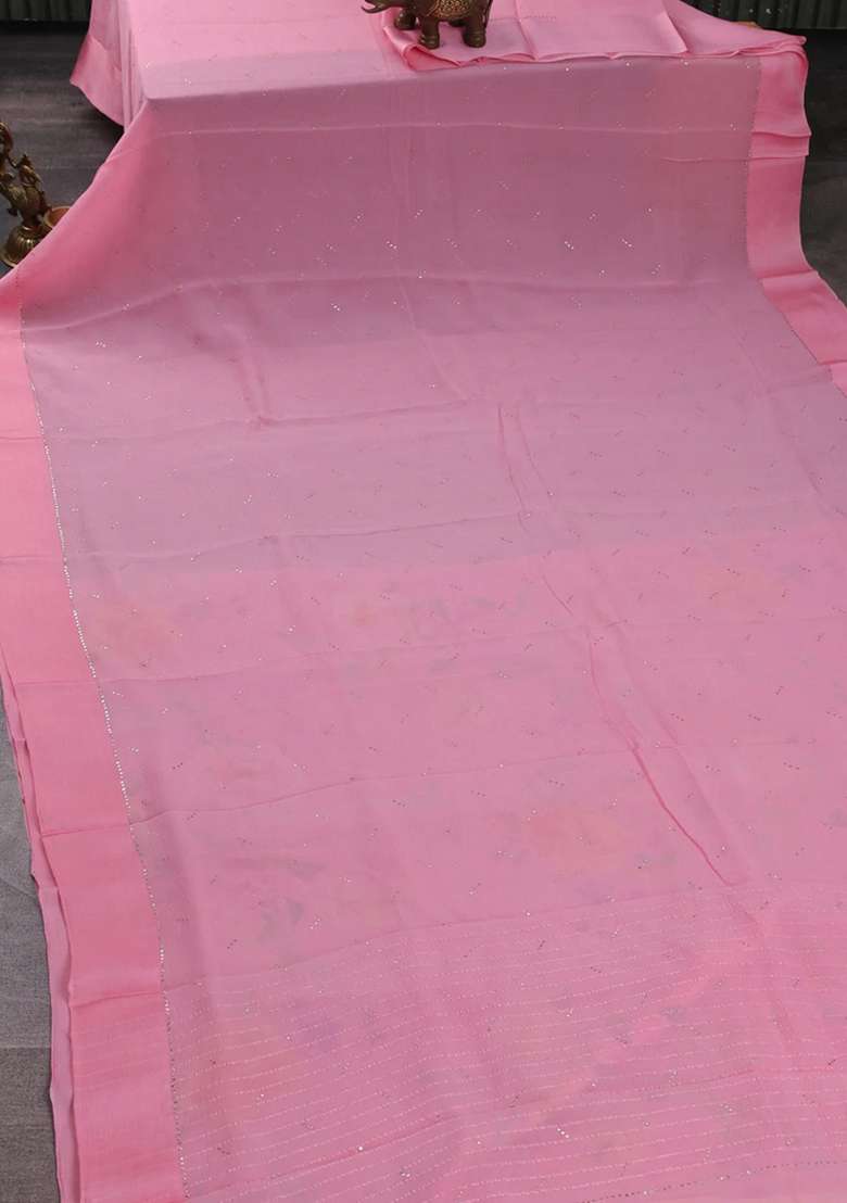 Pure Chiffon Silk Saree Light Pink With Golden Buttas And Floral Printed Blouse For Women - Indya
