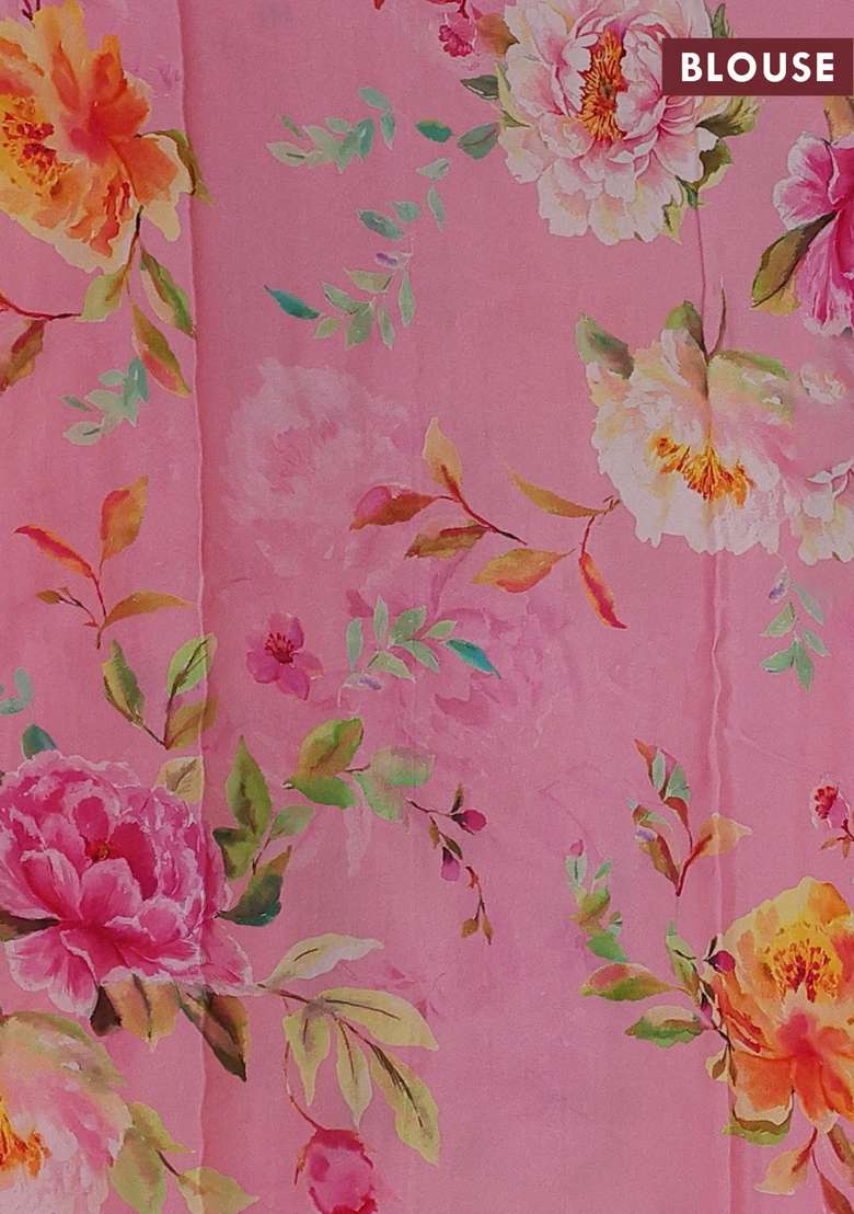 Pure Chiffon Silk Saree Light Pink With Golden Buttas And Floral Printed Blouse For Women - Indya