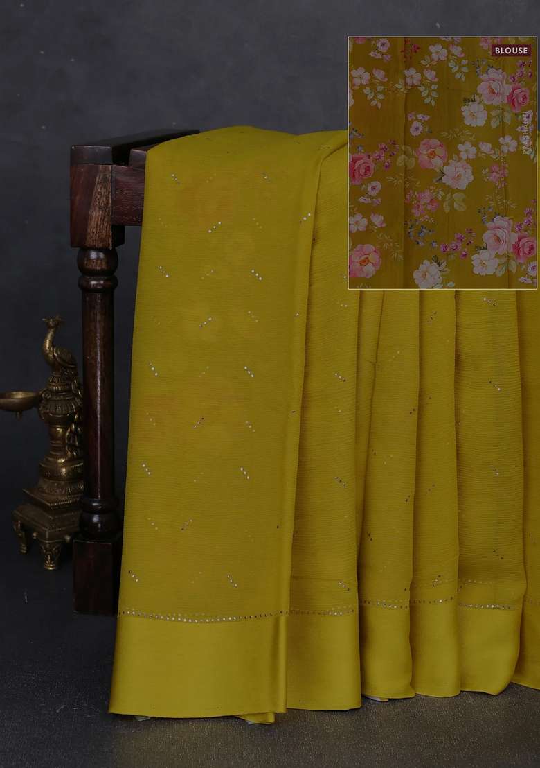 Pure Chiffon Silk Saree Mustard Yellow With Golden Buttas And Floral Printed Blouse For Women - Indya