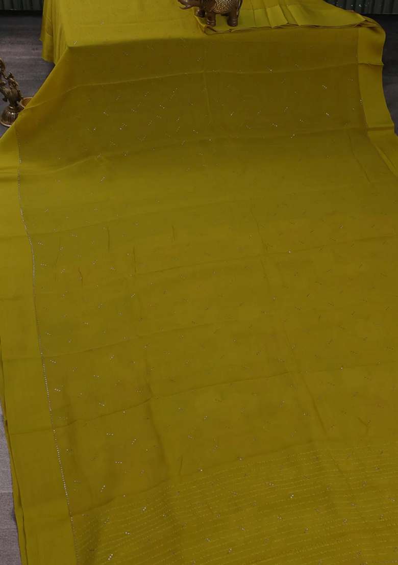 Pure Chiffon Silk Saree Mustard Yellow With Golden Buttas And Floral Printed Blouse For Women - Indya