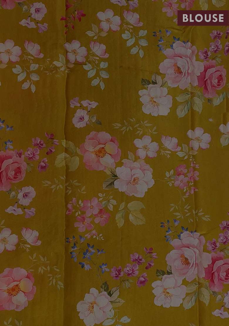 Pure Chiffon Silk Saree Mustard Yellow With Golden Buttas And Floral Printed Blouse For Women - Indya