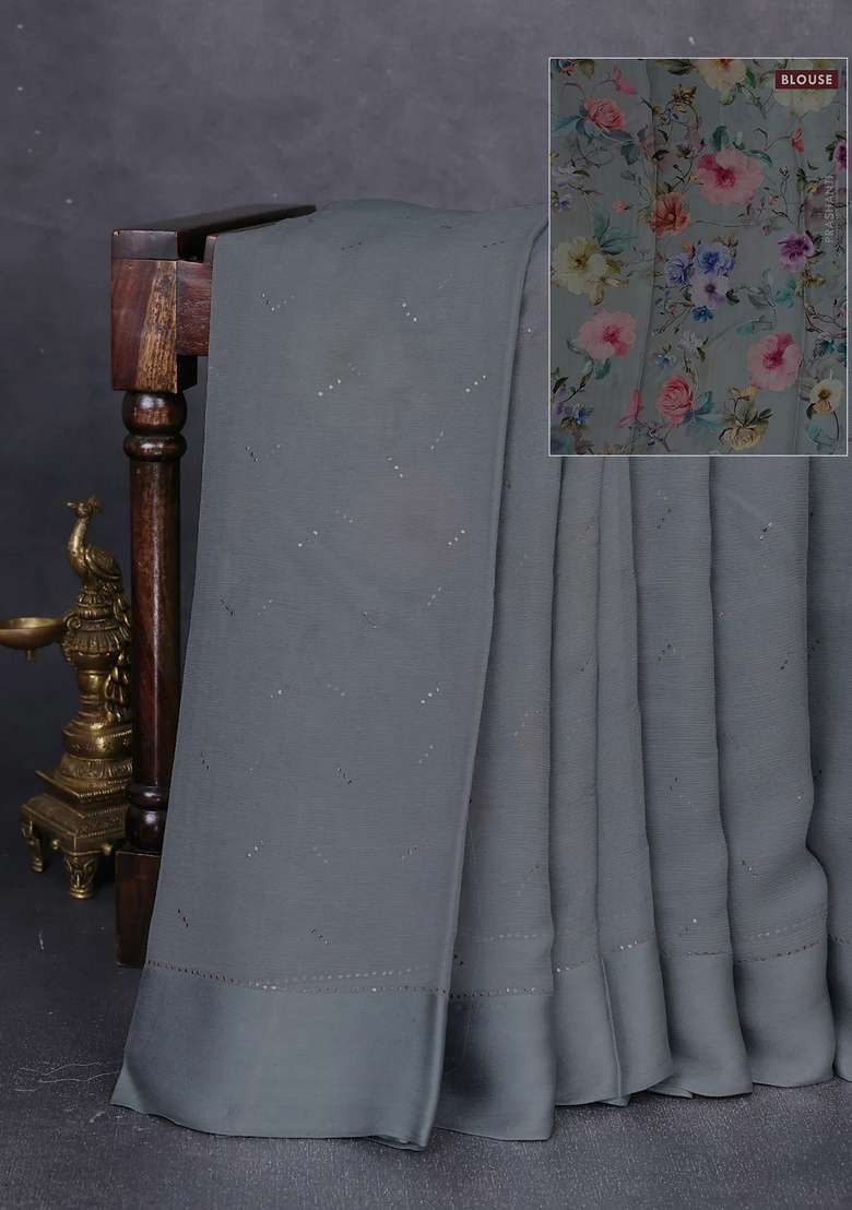 Pure Chiffon Silk Saree Grey With Golden Buttas And Floral Printed Blouse For Women - Indya