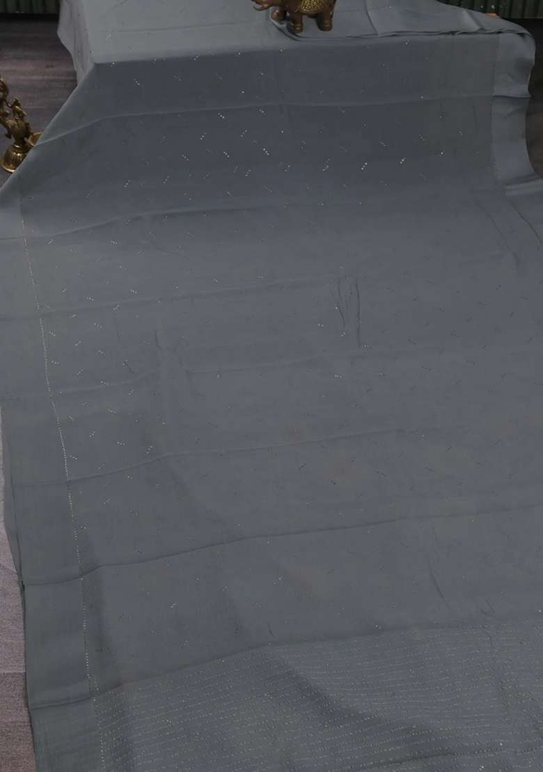 Pure Chiffon Silk Saree Grey With Golden Buttas And Floral Printed Blouse For Women - Indya