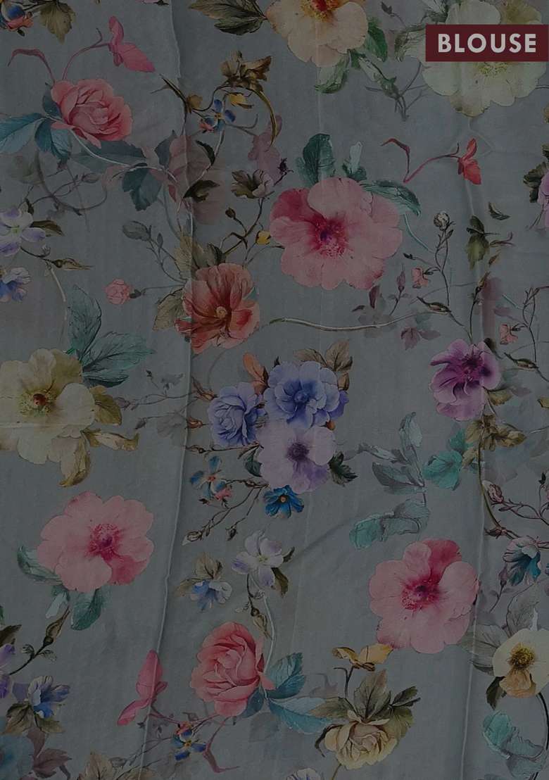 Pure Chiffon Silk Saree Grey With Golden Buttas And Floral Printed Blouse For Women - Indya