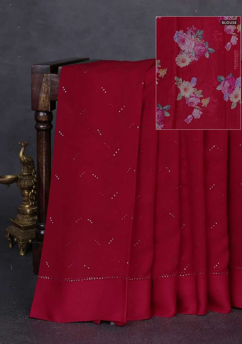 Pure Chiffon Silk Saree Tomato Pink With Golden Buttas And Floral Printed Blouse For Women - Indya