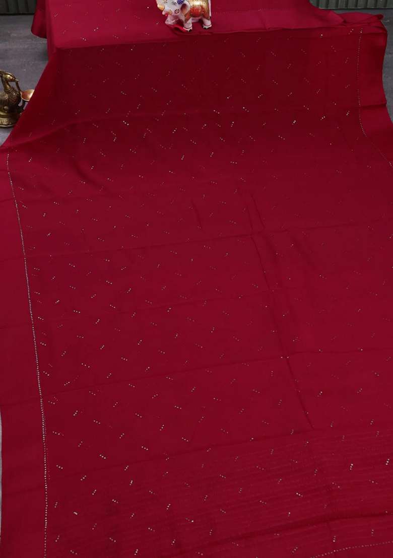 Pure Chiffon Silk Saree Tomato Pink With Golden Buttas And Floral Printed Blouse For Women - Indya