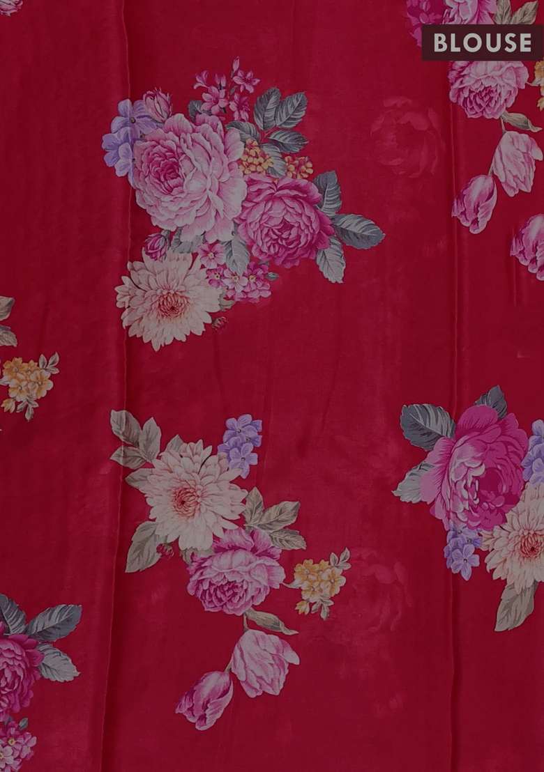 Pure Chiffon Silk Saree Tomato Pink With Golden Buttas And Floral Printed Blouse For Women - Indya