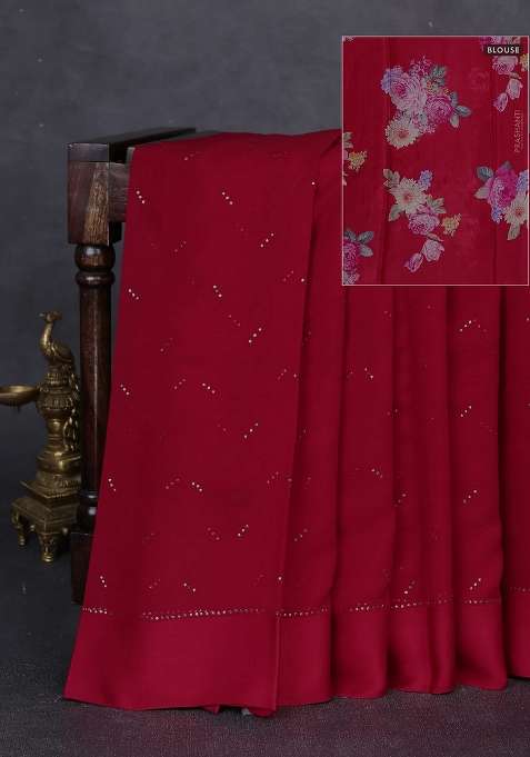 Pure Chiffon Silk Saree Tomato Pink With Golden Buttas And Floral Printed Blouse For Women