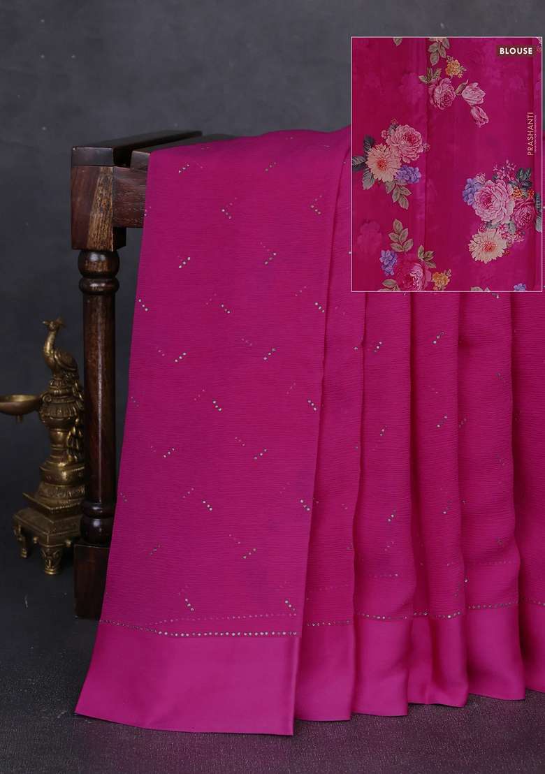 Pure Chiffon Silk Saree Pink With Golden Buttas And Floral Printed Blouse For Women - Indya