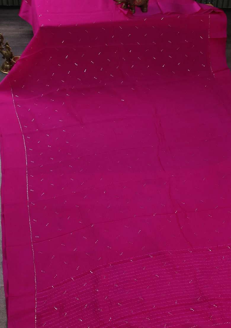 Pure Chiffon Silk Saree Pink With Golden Buttas And Floral Printed Blouse For Women - Indya