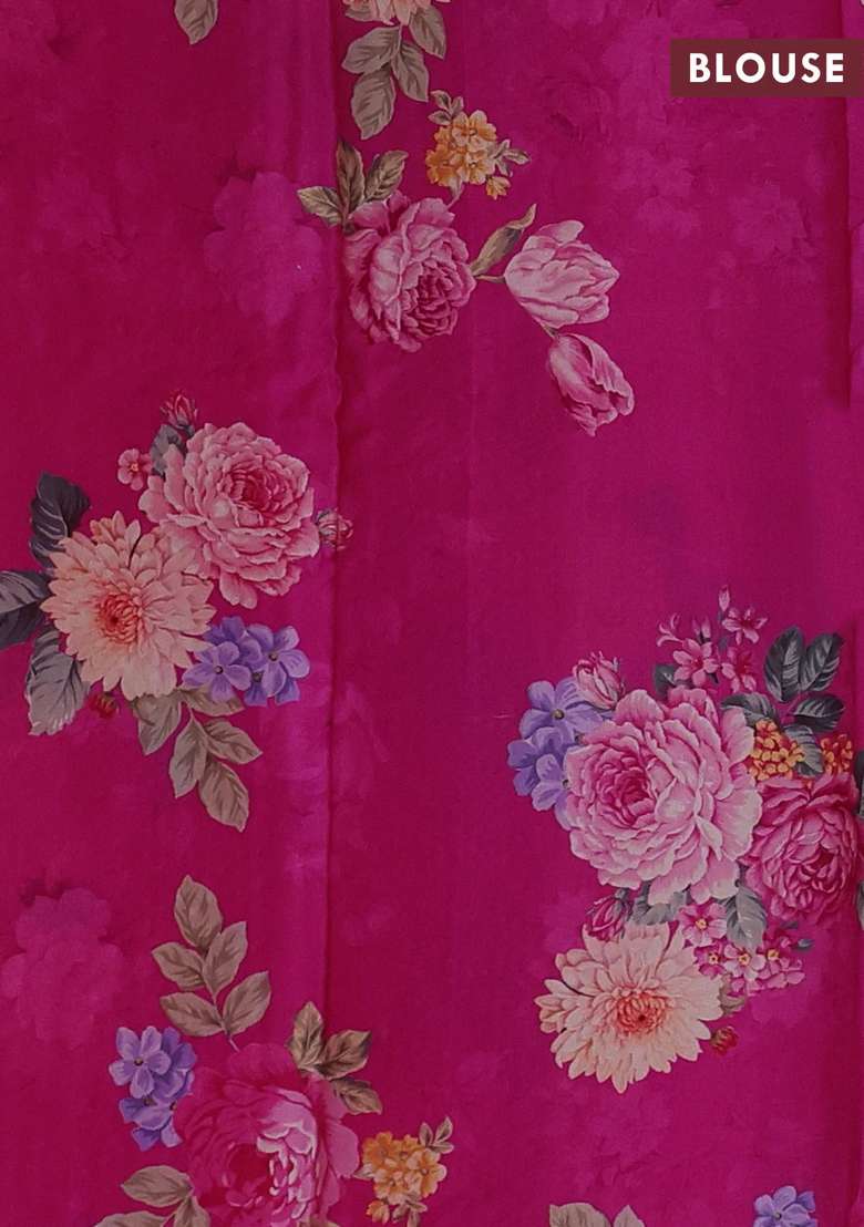 Pure Chiffon Silk Saree Pink With Golden Buttas And Floral Printed Blouse For Women - Indya