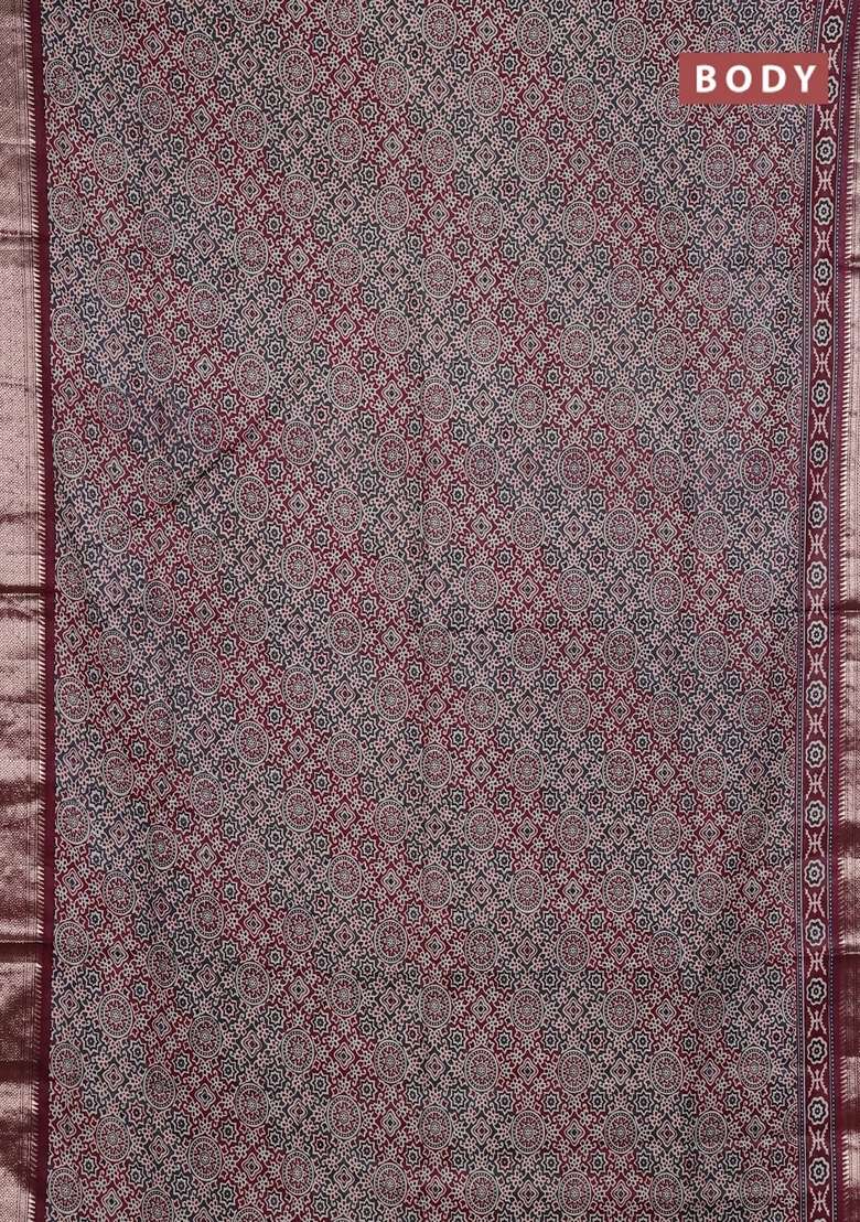 Assam Silk Saree Grey And Wine With Allover Ajrakh Prints And Zari Woven Border With Printed Design For Women - Indya