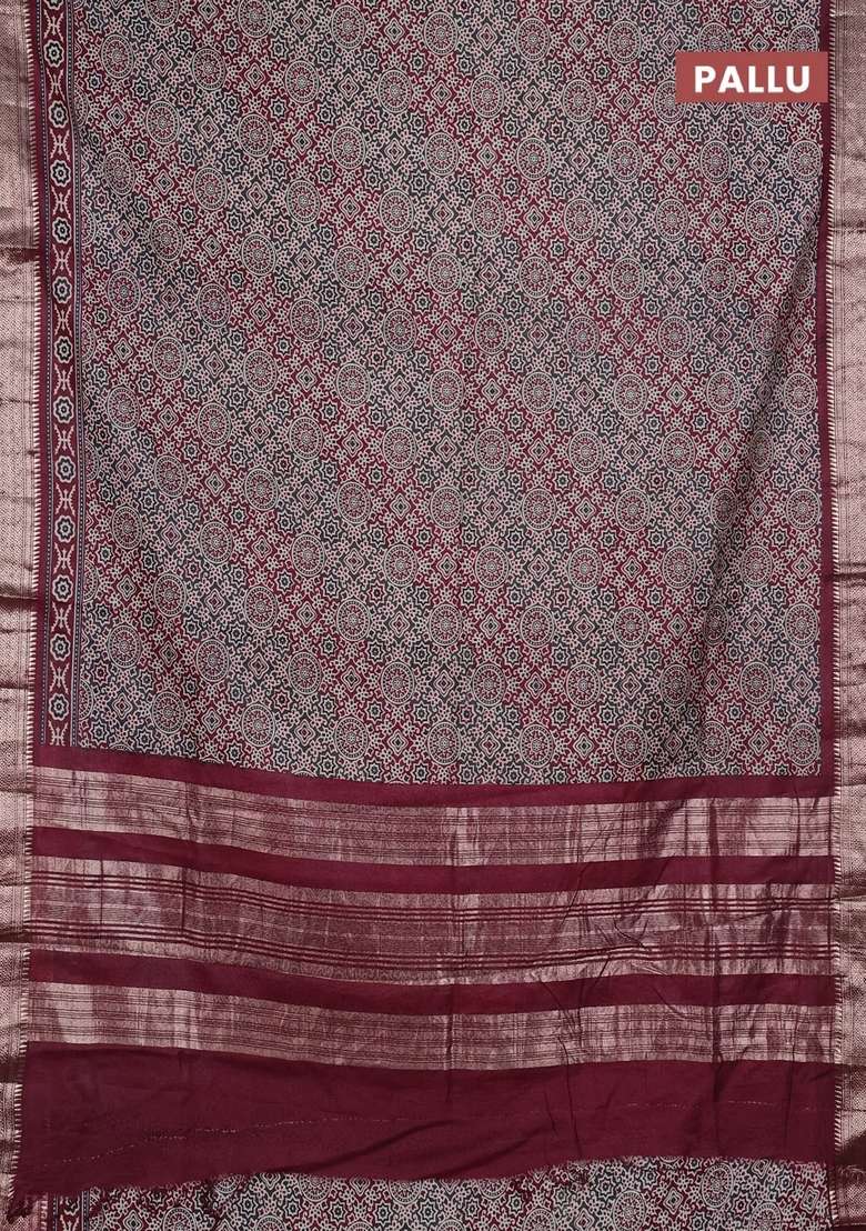 Assam Silk Saree Grey And Wine With Allover Ajrakh Prints And Zari Woven Border With Printed Design For Women - Indya
