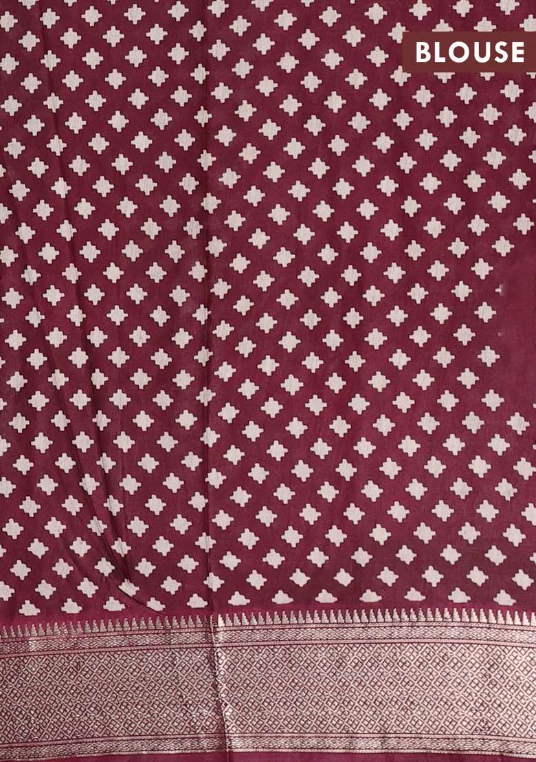 Assam Silk Saree Grey And Wine With Allover Ajrakh Prints And Zari Woven Border With Printed Design For Women - Indya