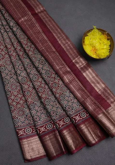 Assam Silk Saree Grey And Wine With Allover Ajrakh Prints And Zari Woven Border With Printed Design For Women