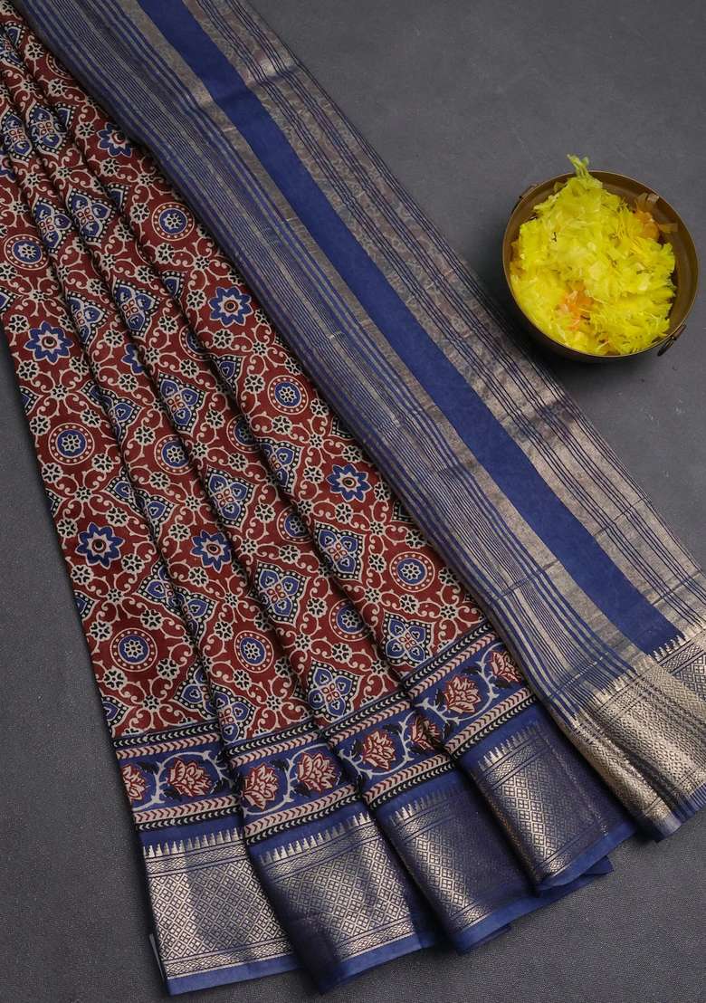 Assam Silk Saree Brown And Indigo Blue With Allover Ajrakh Prints And Zari Woven Border With Printed Design For Women - Indya