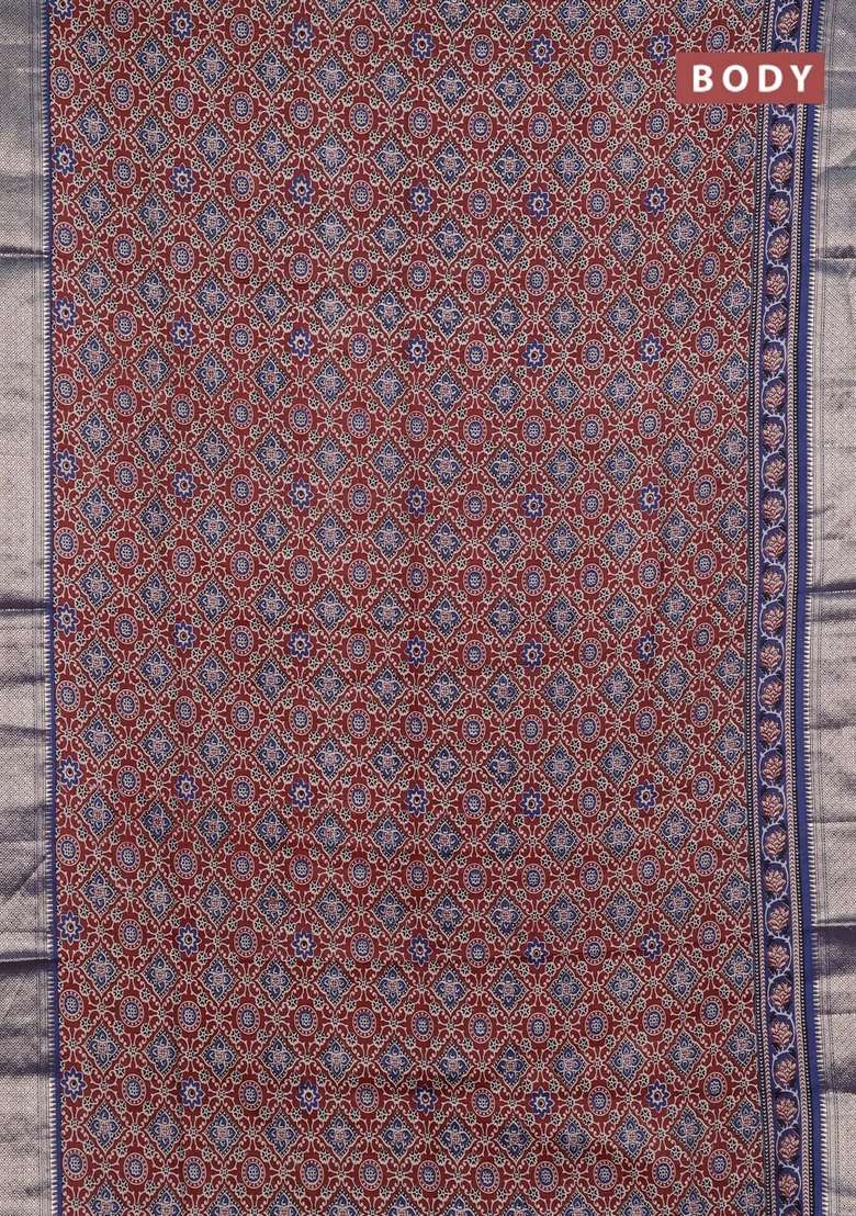 Assam Silk Saree Brown And Indigo Blue With Allover Ajrakh Prints And Zari Woven Border With Printed Design For Women - Indya