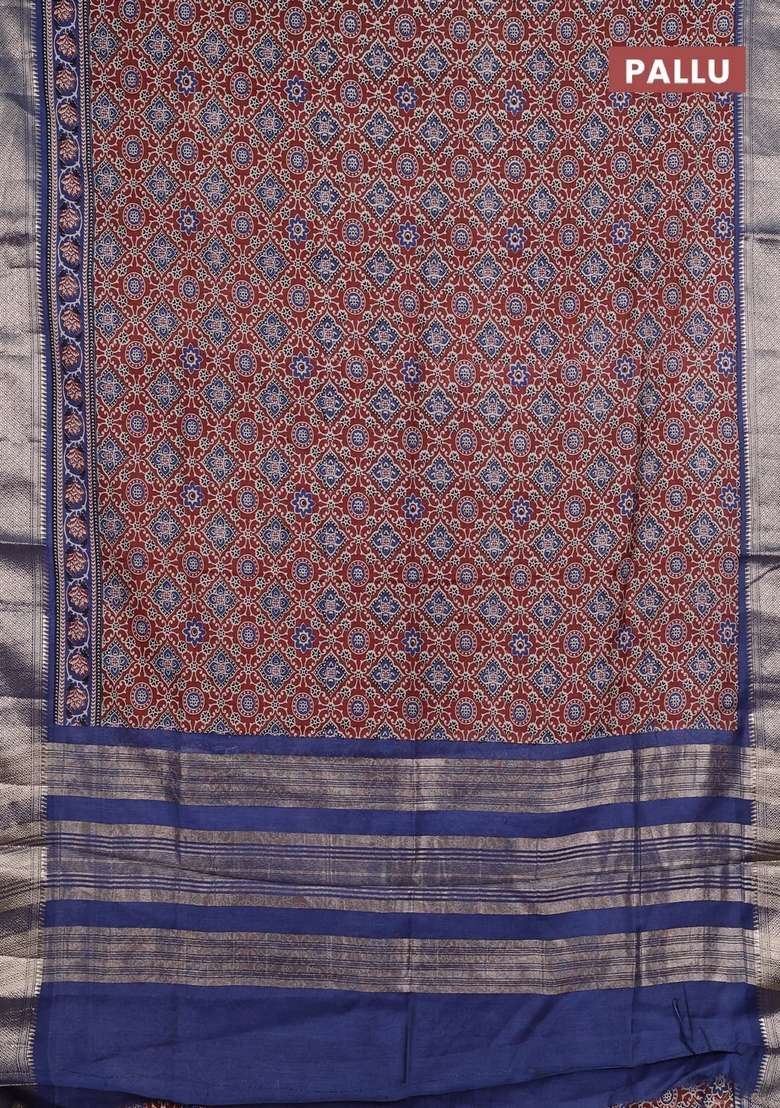Assam Silk Saree Brown And Indigo Blue With Allover Ajrakh Prints And Zari Woven Border With Printed Design For Women - Indya