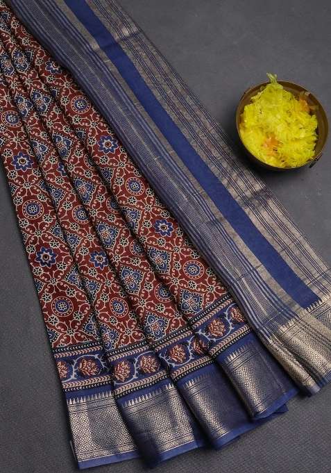 Assam Silk Saree Brown And Indigo Blue With Allover Ajrakh Prints And Zari Woven Border With Printed Design For Women