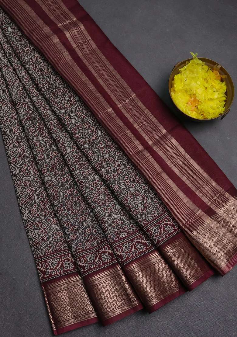 Assam Silk Saree Grey And Wine With Allover Ajrakh Prints And Zari Woven Border With Printed Design For Women - Indya