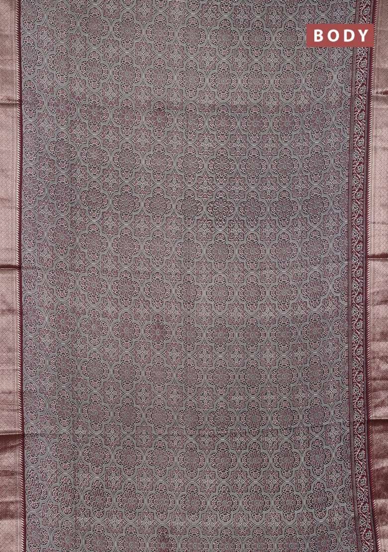 Assam Silk Saree Grey And Wine With Allover Ajrakh Prints And Zari Woven Border With Printed Design For Women - Indya