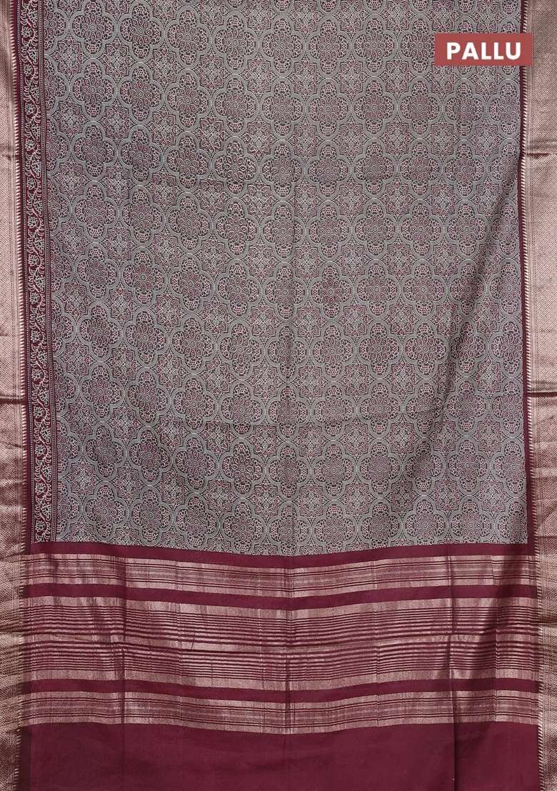 Assam Silk Saree Grey And Wine With Allover Ajrakh Prints And Zari Woven Border With Printed Design For Women - Indya