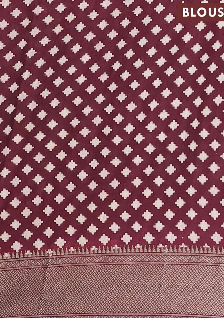 Assam Silk Saree Grey And Wine With Allover Ajrakh Prints And Zari Woven Border With Printed Design For Women - Indya
