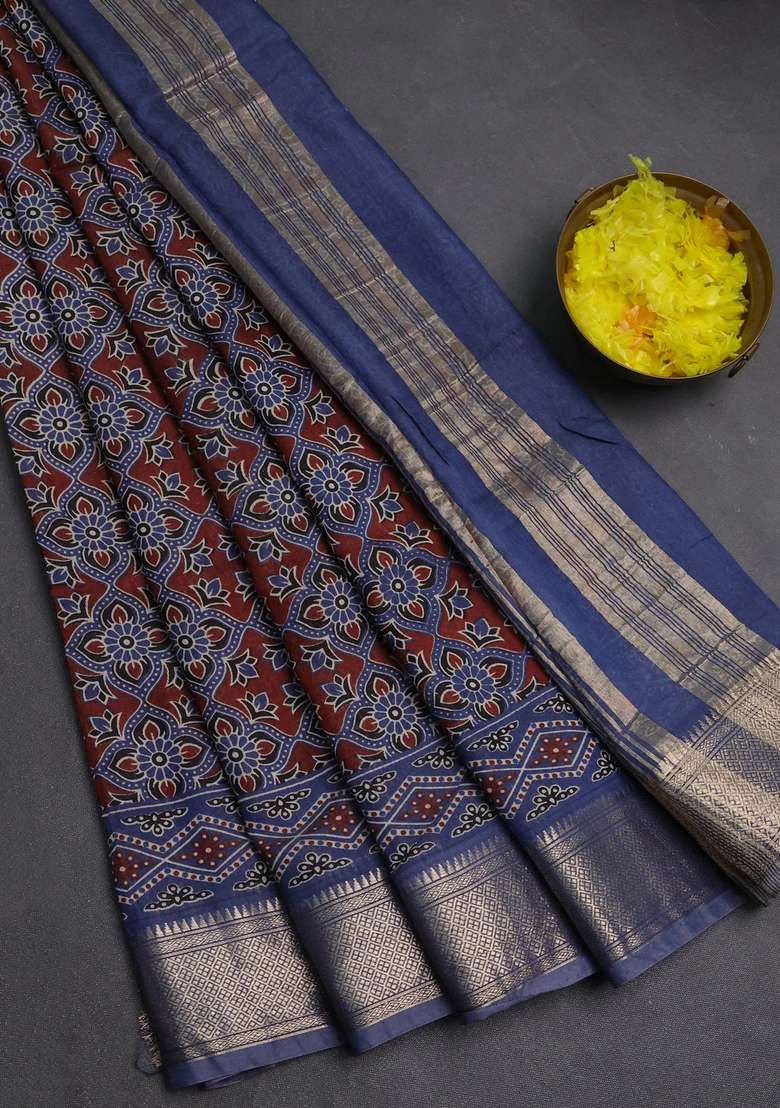 Assam Silk Saree Coffee Brown And Indigo Blue With Allover Ajrakh Prints And Zari Woven Border With Printed Design For Women - Indya