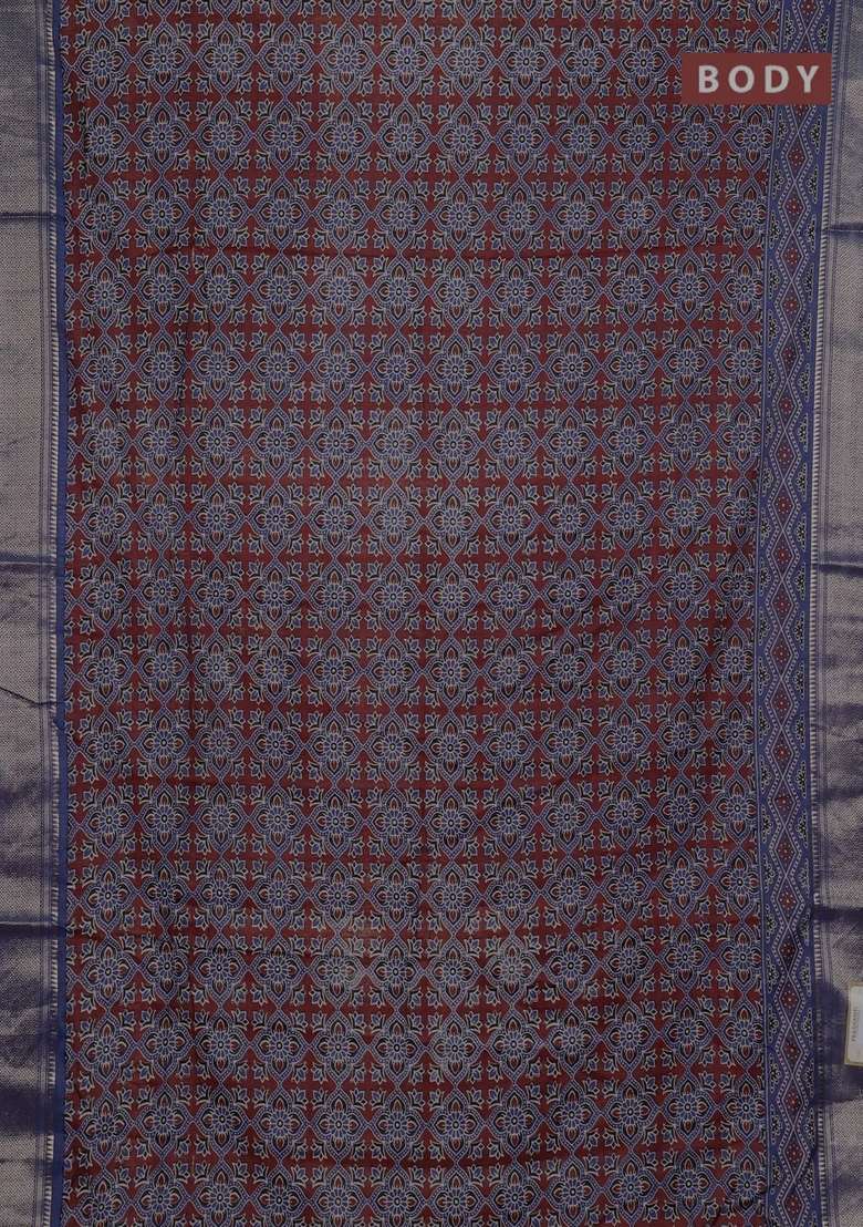 Assam Silk Saree Coffee Brown And Indigo Blue With Allover Ajrakh Prints And Zari Woven Border With Printed Design For Women - Indya