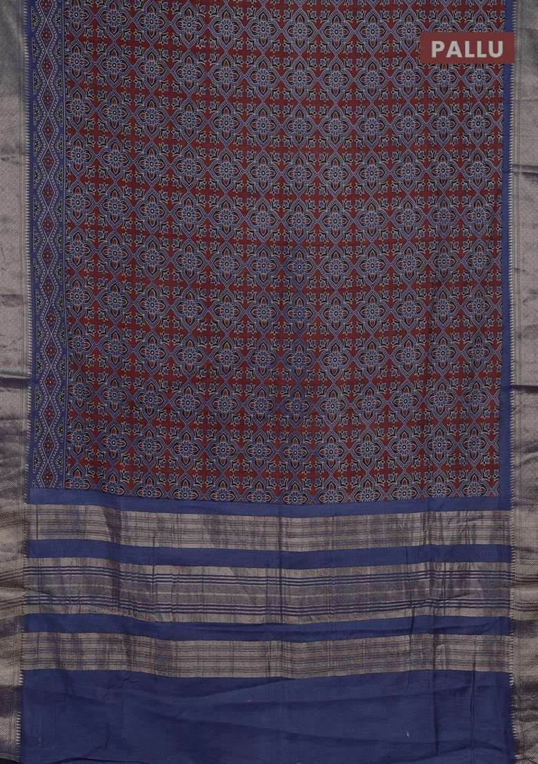Assam Silk Saree Coffee Brown And Indigo Blue With Allover Ajrakh Prints And Zari Woven Border With Printed Design For Women - Indya