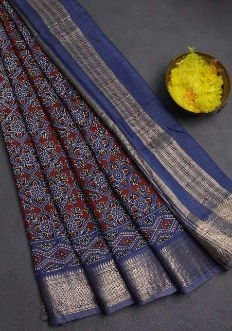 Assam Silk Saree Coffee Brown And Indigo Blue With Allover Ajrakh Prints And Zari Woven Border With Printed Design For Women