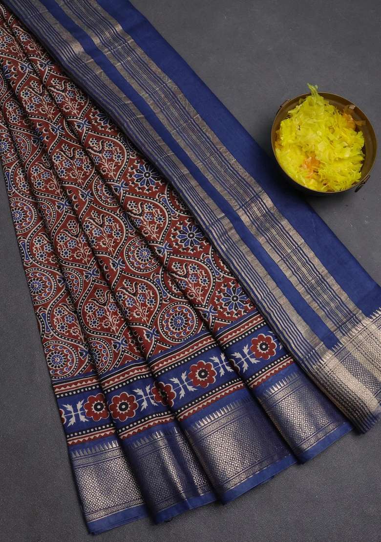Assam Silk Saree Brown And Indigo Blue With Allover Ajrakh Prints And Zari Woven Border With Printed Design For Women - Indya