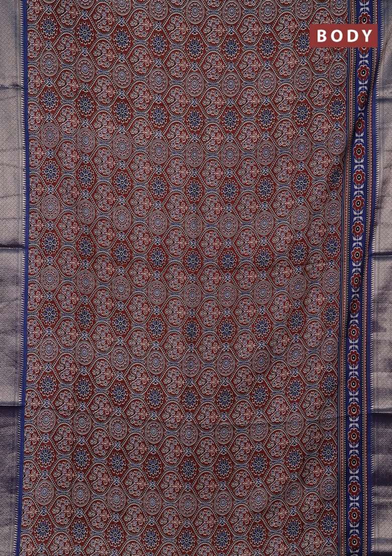 Assam Silk Saree Brown And Indigo Blue With Allover Ajrakh Prints And Zari Woven Border With Printed Design For Women - Indya